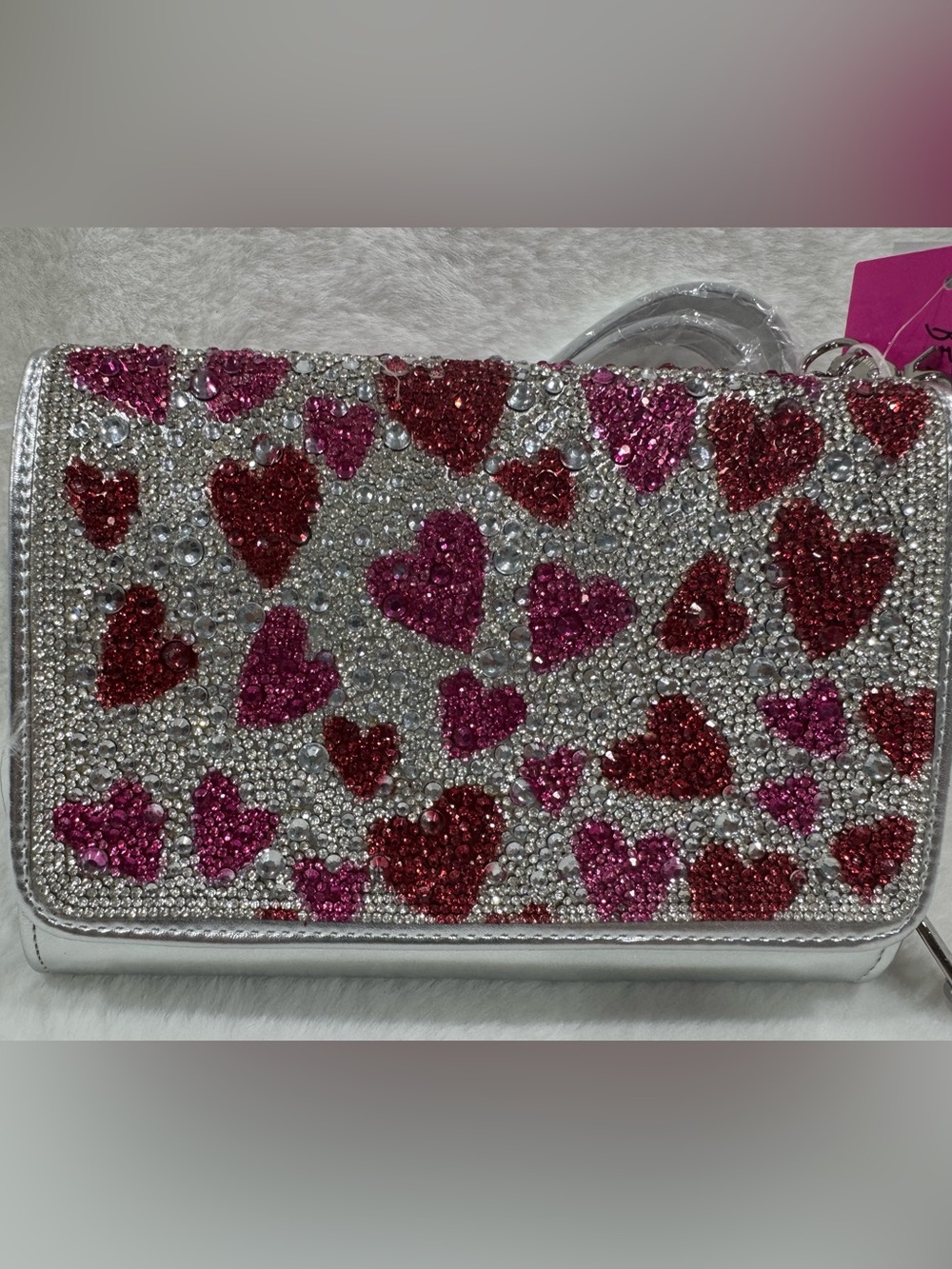 NWT—Betsey Johnson Heart Rhinestone Crossbody Bag - Silver with Pink & Red Heart